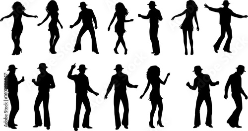 Vector silhouettes of men and women disco dancing.