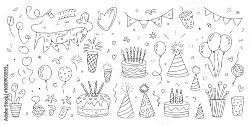 Birthday Party Doodle Collection: A cheerful line art illustration features a delightful array of party elements, including cakes, balloons, party hats, and fireworks, perfect for celebratory designs.