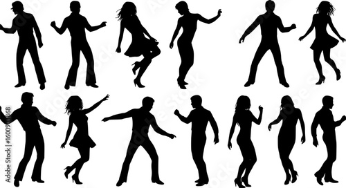 Vector silhouettes of men and women disco dancing.