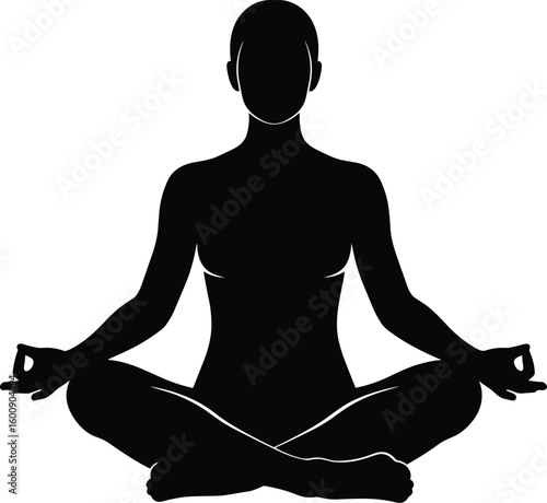 Meditation Silhouette Pose, Person in Lotus Sitting Position with Gyan Mudra, Mindfulness Icon Vector Clipart for Yoga Design, Wellness Lifestyle, Spiritual Editorial