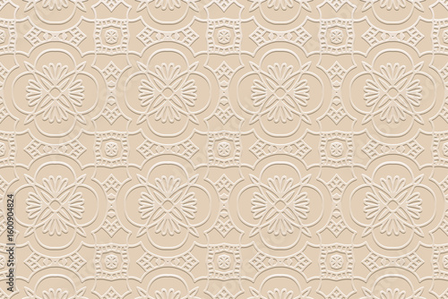 Ethnic beige background, tribal design cover, banner, wallpaper. Geometric openwork pattern. Embossed 3D ornaments, arabesques, mandala of the East, Asia, India, Mexico, Aztec, Peru.