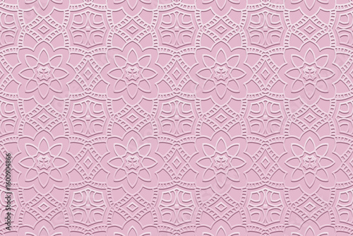 Ethnic pink background, tribal design cover, banner, wallpaper. Geometric openwork floral pattern. Embossed 3D ornaments, arabesques, mandala of the East, Asia, India, Mexico, Aztec, Peru.