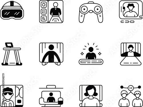 Collection of hand drawn icons representing virtual reality and digital communication