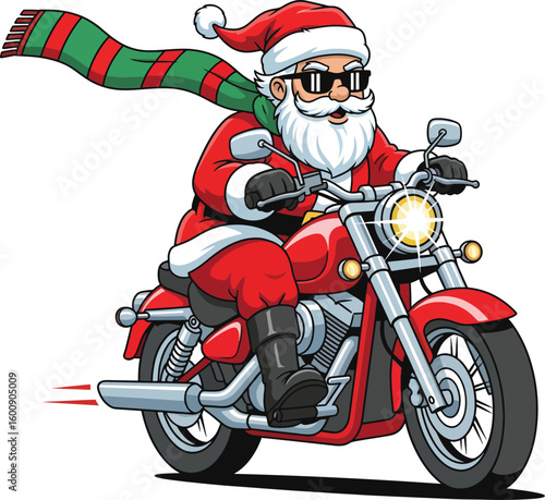 Santa Claus Riding a Red Motorcycle. Funny Christmas Cartoon Character with Sunglasses.