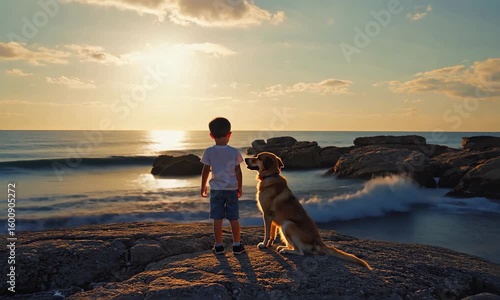 Child and dog watch sunset on the shore