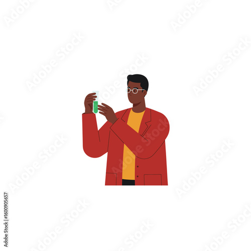 African American male scientist examining green liquid in a test tube, conducting a scientific research experiment in a laboratory.