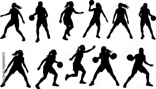 Vector silhouettes of girls highschool basketball players.
