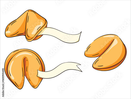 Vector illustration of fortune cookies card with closed Chinese shortbread and blank message paper. Pastel purple background stars and shapes with luck symbol design.