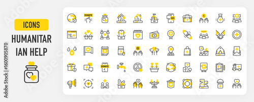 Humanitarian help icons. Community, Hygiene Products, Helping Hand, Homeless, Earthquake, Hands, Placeholder, Poster, Gift, Letter, Food, Medal, Badge vector stroke illustration.	

