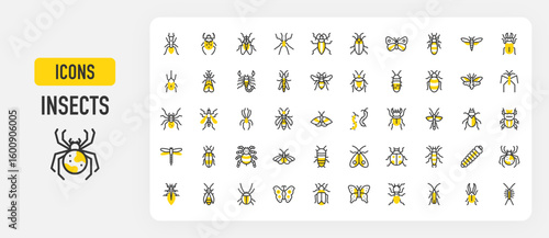 Insect icons. Bee, Hornet, Moth, Louse, Bug, Dragonfly, Butterfly, Scorpion, Ant, Bug, Beetle, Centipede, Fly, Spider, Cockroach, Grasshopper, Mosquito vector stroke illustration.	
