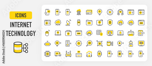 Internet technology icons. Server, Cloud, Seo, Robot, Phone Call, Computer, Email, Cloud Server, Chip, Wifi, Info, Shield, Printer, Laptop, Bug, Phone vector stroke illustration.	
