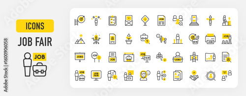Job fair icons. Candidate, Aspirations, Hired, Skills, Job, Growth, Megaphone, Advice, Recruitment, Career, Skills, Clipboard, Job Fair, Stand, Applicant vector stroke illustration.	
