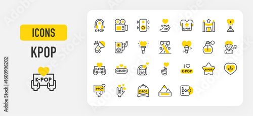 Kpop icons. Vip, Hand, Headphones, Kpop Disc, Microphone, Hat, Video Camera, Crush, Rock, Speaker, T Shirt, Award, Music Player, Spotlights, Microphone vector stroke illustration.	
