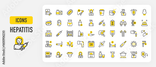 Hepatitis icons. Bacteria, Antibody, Joint, Dry, Fever, Boiling, Vaccine, Washing Hands, Muscle Pain, Ultrasound, Weight Loss, Doctor, Abdominal Pain, Liver vector stroke illustration.	