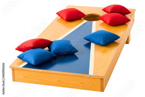 Wooden cornhole board game with red and blue bean bags isolated on a transparent background