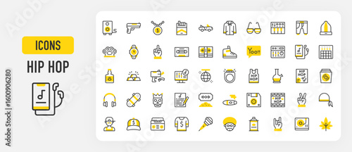 Hip hop icons. Money, Yo, Peace Sign, Hands, Cap, Cigarettes, DJ, Poster, Sound Mixer, Skull, Afro, Cigar, Cocaine, Disco Ball, Floppy Disk, Gold Ingot Set of Hip hop vector stroke illustration.	
