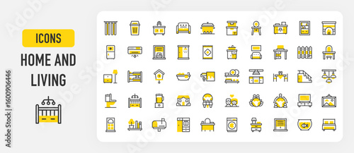 Home and living icons. Kitchen, Cabinet, Shelf, Coexistence, Cabinet, Washing Machine, Coexistence, Cooking Pot, Clock, Baby Crib, Mail Box, House, Curtains vector stroke illustration.	