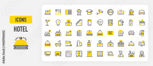 Hotel icons. CCTV Camera, Parking, Open, Bell, Room Door, Online Booking, Cocktail, Bath Tub, Tissue Box, Food Tray, 24 Hours, Bar, Free Wifi, Oven, Cutlery vector stroke illustration.	
