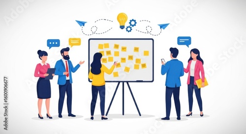 A diverse team of professionals is actively engaged in a brainstorming session around a whiteboard covered in sticky notes