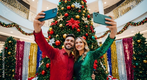 Festive couple taking a selfie in front of a Christmas tree at the mall.