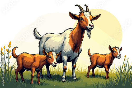 Charming goat family illustration, mother goat with kids, pastoral scene, nature art