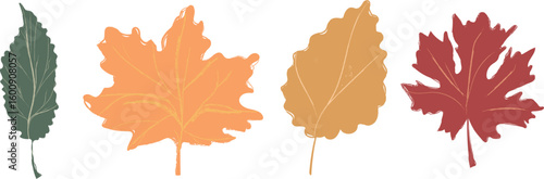 Handdrawn Retro Leaves with Pencil Texture and Grunge Overlay in warm Autumn Palette, perfect for Thanksgiving and Fall Decor. Vector illustration
