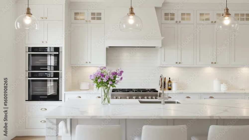 custom made wallpaper toronto digitalA bright, modern kitchen showcases white cabinets, marble countertops, and a large island. Pendant lights illuminate a vase of flowers