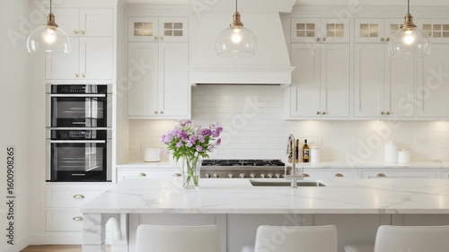Wallpaper Mural A bright, modern kitchen showcases white cabinets, marble countertops, and a large island. Pendant lights illuminate a vase of flowers Torontodigital.ca