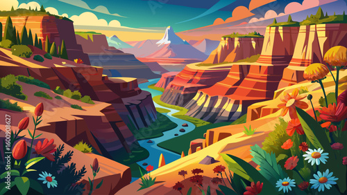 The Grand Canyon spring panorama glows with wildflowers dancing along red cliffs, while golden sunlight pours into deep shadows — a vibrant and majestic vector scene of depth and color.