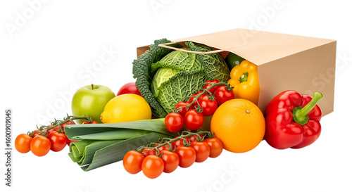 Illustration of a brown paper grocery bag spills open with a colorful assortment of