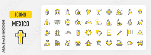 Mexico icons. Machete, Chili Pepper, Skull, Rug, Girl, Tacos, Agave, Church, Cigar, Corn, Cross, Garland, Guacamole, Jarocho, Lime, Avocado, Maracas, Mexico vector stroke illustration.	
