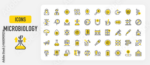 Microbiology icons. Germs, Bacteria, Clipboard, Cells, Flask, Amoeba, Worm, Reproduction, Petri Dish, Certificate, Bacteria, Mitosis, Water, Biomass, Beaker vector stroke illustration.	