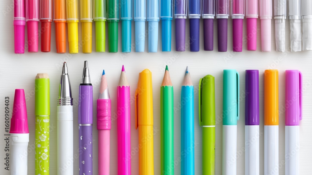 Obraz premium Colorful assortment of art supplies neatly arranged on a table showcasing creativity and vibrancy in design