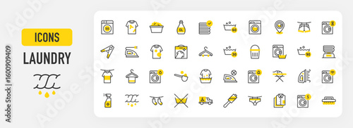Laundry icons. Dryer, Wring, Detergent, Steam, Temperature, Clean Clothes, Shirts, Washing Machine, Do Not Iron, Sprayer, Lint Roller, Dirty Clothes, Brush vector stroke illustration.	
