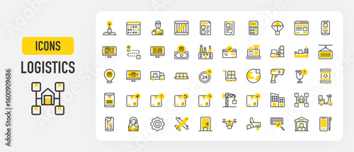 Logistics icons. Return, Management, Radioactive, Box, Cash Register, Warehouse, Schedule, Loading, PDA, Bar Code Scanner, Distribution, Tracking vector stroke illustration.	
