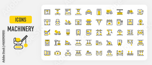 Machinery icons. Molding Machine, Furnace, Press, Grinding, Control Lever, Cupcakes, Atm Machine, Battery, Car Engine, Press, Gauge, Picker, Laser vector stroke illustration.	
