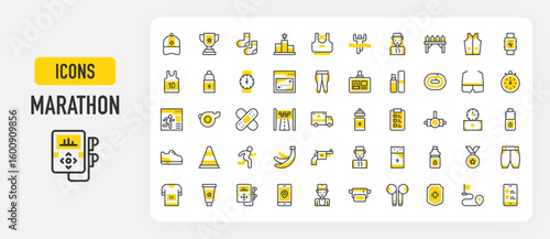 Marathon icons. Stopwatch, Athlete, Position, Membership, List, Cap, Trophy, Winner, Shirt, Price, Water Bottle, Socks, Sports Bra, Energy Bar, Water, Medal vector stroke illustration.	