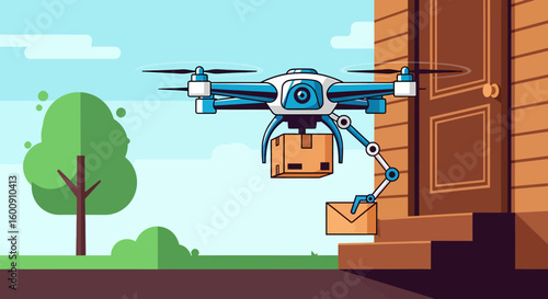Modern Drone Delivering Package and Mail, Blue and White Design