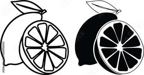 Lemon Fruit Slice Clip art, Lemon Line Art design, Black and White Citrus Vector Illustration with Leaves.