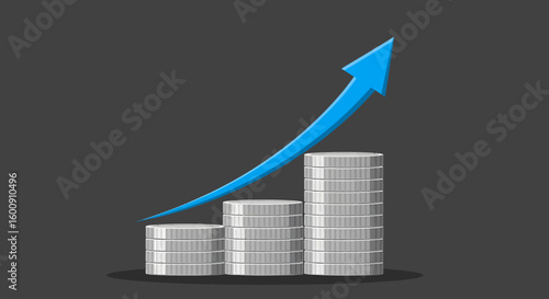 Rising Silver Coin Stacks with Upward Blue Arrow Graphic
