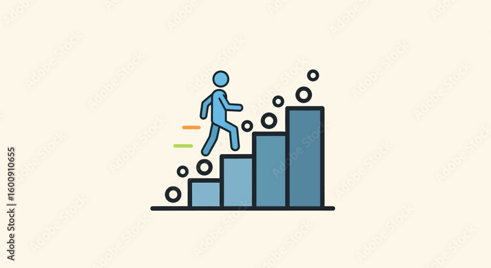 Blue Stick Figure Climbing Steps of Progress, Reaching Goals Blue Stick Figure Climbing Steps of Progress, Reaching Goals