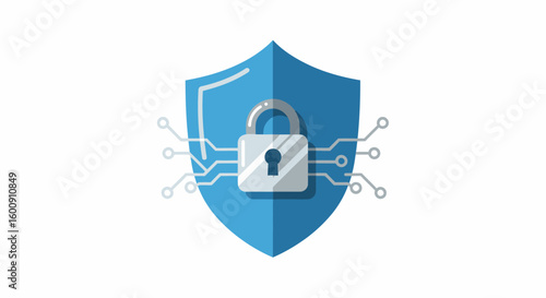 Cyber Security Shield:  Blue Shield with Padlock and Circuitry