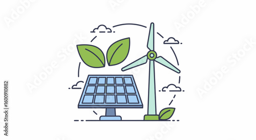 Sustainable Energy Sources: Solar Panel and Wind Turbine Illustration
