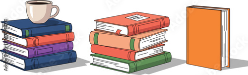 Stack of colorful books with coffee cup, reading materials, literature pile, isolated book illustrations, education concept, study and learning objects, classroom library design