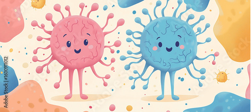 Two adorable cartoon viruses one pink and one blue stand sidebyside on a
