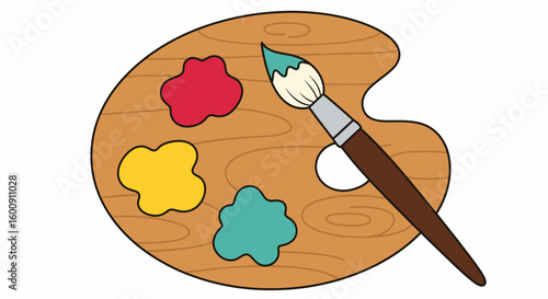 Cartoon Artist's Palette with Brush, Paint, and Colorful Blobs