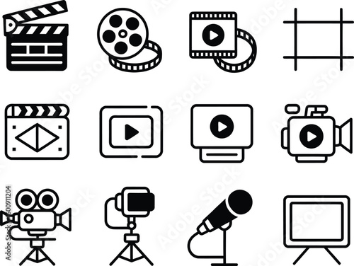 Collection of hand drawn movie and video production icons in a grid layout