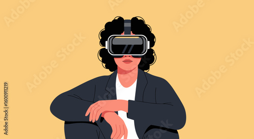 Woman with Afro Wearing a Modern VR Headset, Relaxed Pose