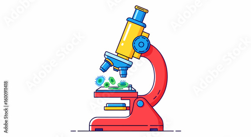 Red and Yellow Cartoon Microscope Examining Green and Blue Microbes