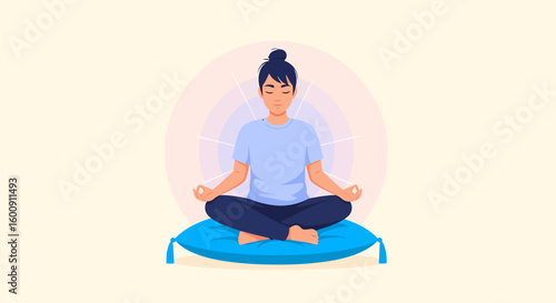 Calm Woman in Meditation Pose on a Blue Cushion